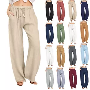 Women Cotton Linen Boho Elastic Waist Long Trousers Loose Harem Pants Plus Size - Picture 1 of 26