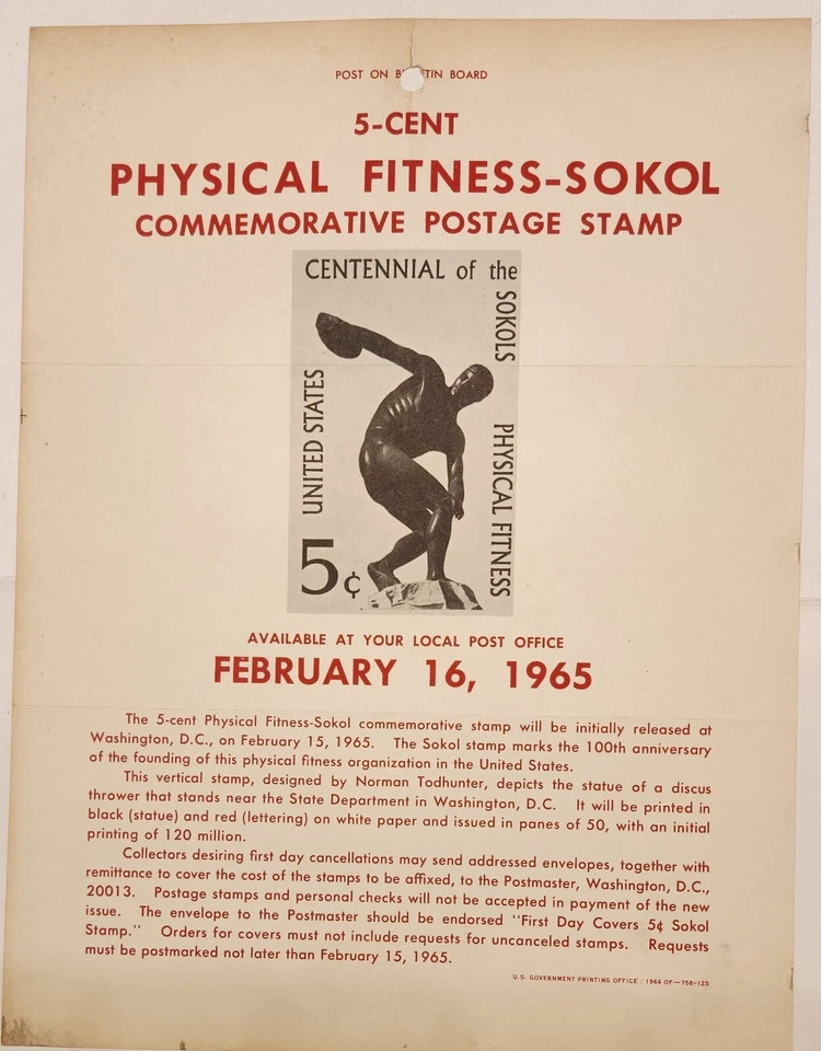 #1262 5c Physical Fitness-Sokol Stamp Poster- Unofficial Souvenir Folded - Image 1 of 1