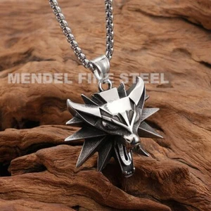 MENDEL Mens Fashion Viking Fenrir Wolf Head Pendant Necklace Stainless Steel Set - Picture 1 of 8