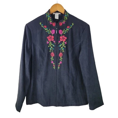 Notations Jacket size Large Floral Embroidered black Pink Ultrasuede Zip Velvet - Image 1 of 4