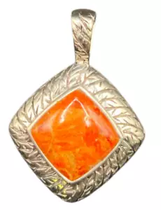 Natural Spiny Oyster Pendant Orange Polished Shell Sterling Silver Diamond Shape - Picture 1 of 10
