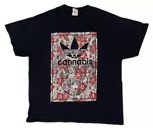 Vintage Cannabis Marijuana Adidas Parody Floral Black T-Shirt XL Weed Tee - Picture 1 of 5
