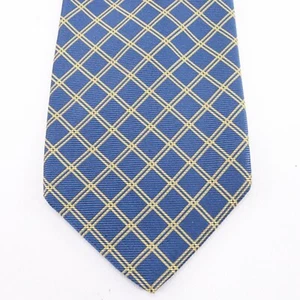 Lands End Tie Mens Wide 60 in Silk Blue Gold Double Lines Plaid Handsewn Classic - Picture 1 of 12