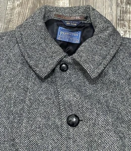 Vintage Pendleton Men's Herringbone Wool Overcoat Leather Buttons Size 48 - Picture 1 of 11