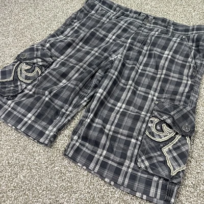 Pantalones Cortos Carga Y2K Affliction Gris A Cuadros Para Hombre Talla 40 Patinador Grunge Emo Bordados Foto 1 de 4