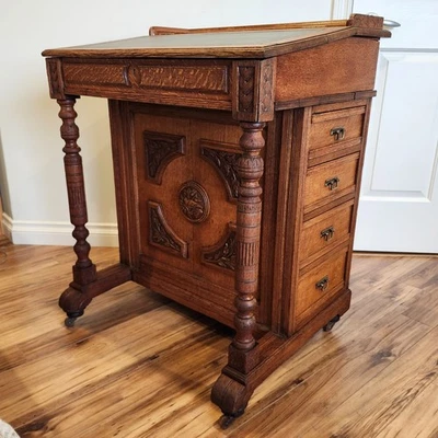 Gorgeous Antique American Tiger Oak Davenport Desk c1880 Bird/Leaves Carvings   - Image 1 of 4