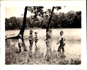 VTG Snapshot Photo Young Boys Fishing in Lake Scout Uniforms Friends Fishing - Picture 1 of 1