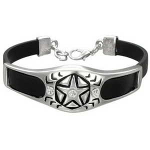 Stainless Steel Black Rubber Star White Crystals CZ Silver-Tone Bracelet - Picture 1 of 2