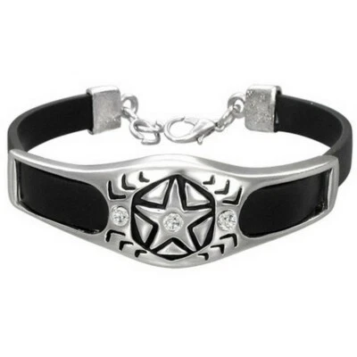 Stainless Steel Black Rubber Star White Crystals CZ Silver-Tone Bracelet - Image 1 of 2