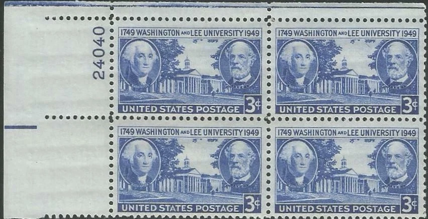 Plate Block - Scott 982 - 3 cent - Washington - Lee University - 1949 - MNH - Image 1 of 1