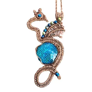 Blue Glass & Hematite Fantasy Dragon Pendant Wire Wrap Copper Best Friend Gift - Picture 1 of 6