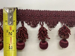 Pom Pom Fringe Beaded Tassel Trim 3" W/ Gimp Top Sold By The Yard Burgundy - Picture 1 of 5