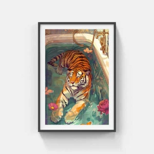 Tiger in Tub Wall Art Canvas,Home Decor Prints, Art Wall Pictures - Picture 1 of 7