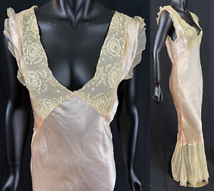 1930s Pink Silk Embroidered Net Lace Bias Cut Negligee Nightgown Slip Dress VTG