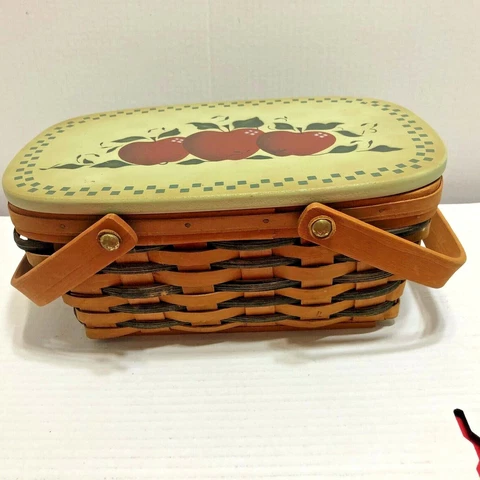 2 handled woven Basket with apple print on wooden lid Cover