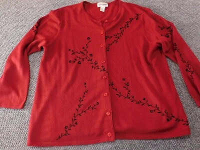 Alfred Dunner Womens Sweater 2X Plus Red Cardigan Wool Button Floral - Image 1 of 4