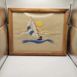Vintage Crewel Embroidered Sailboat Theme Framed MCM Boho Nautical 11" x 14" - Picture 1 of 5
