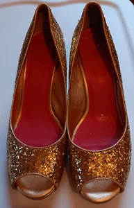 Lilly Pulitzer Gold Glitter Wedges Size 9.5M Sparkle Party Cocktail FLAWS - Picture 1 of 10