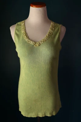 Vintage Oneworld Y2K Ribbed Green Washed Sequin Lace Tank Top Cottagecore XL - Image 1 of 4