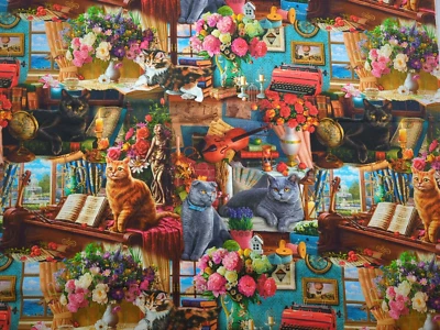 Pictorial Cat/Kittens 1.5yds #10263 Sykel Cotton Sew Quilt Craft Fabric - Image 1 of 3