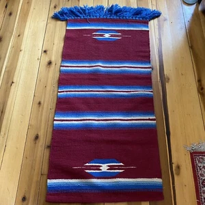 Vtg Southwest Geometric Wool Wall Hanging Rug Tapestry  28"x 60" Blue Dark Red - Picture 1 of 12