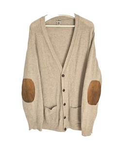 Vintage LL Bean Lambswool Cardigan Suede Patches Sweater Men L Tall Tan Scotland Dad - Bild 1 von 15