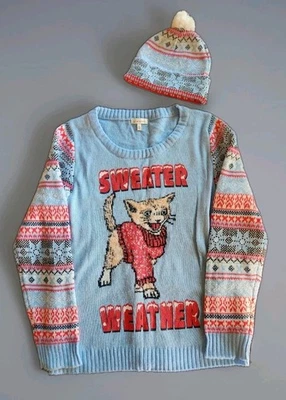 Suéter Feo Navidad Gatos Suéter Clima Azul XL Con Poof Ball Hat  Foto 1 de 4