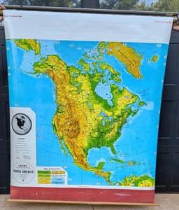 Vtg 1960s Cram's North America Physical Political Pull Down School Map Classroom - Picture 1 of 3