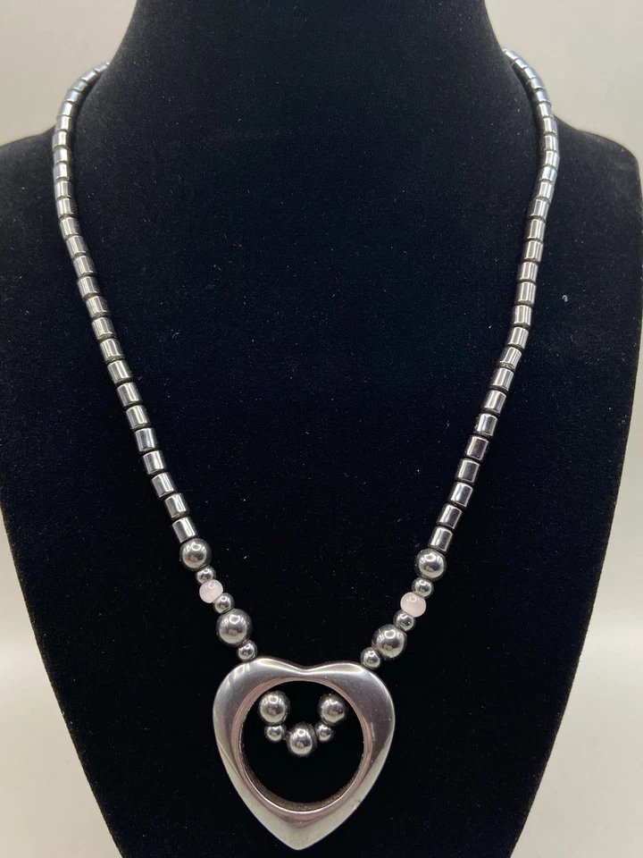 Natural Hematite Necklace Pink Quartz With Open Heart Pendant - Image 1 of 4