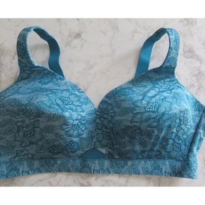 Cacique Bra 44D Turquoise Blue Lightly Lined Lace Print Wire Free Plus Size - Image 1 of 4