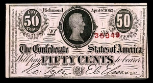 April 6, 1863 Confederate States of America 50 Cents Note Obsolete Banknote T-63 - Picture 1 of 2
