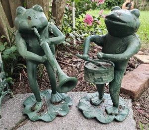 Vintage Frog Garden Statues, Cast Iron Lawn Ornaments Set, Playing Music, Heavy! - Picture 1 of 9