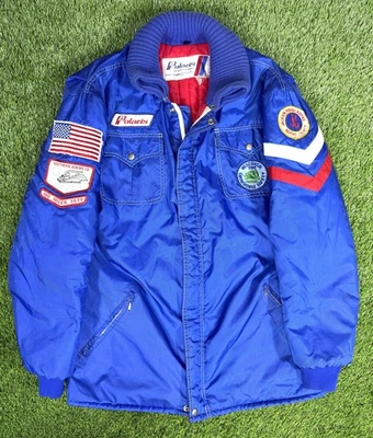VINTAGE Polaris Jacket Mens Large Blue Snowmobile Quilted Talon Zip Patches 70s - Image 1 of 4