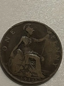 Rare George V One Penny coin 1911 Hollow Neck/ Britannia trident Rare Antique - Picture 1 of 11
