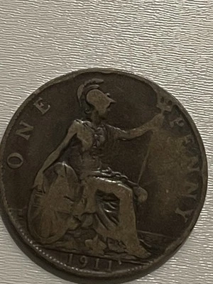 Rare George V One Penny coin 1911 Hollow Neck/ Britannia trident Rare Antique  - Image 1 of 4