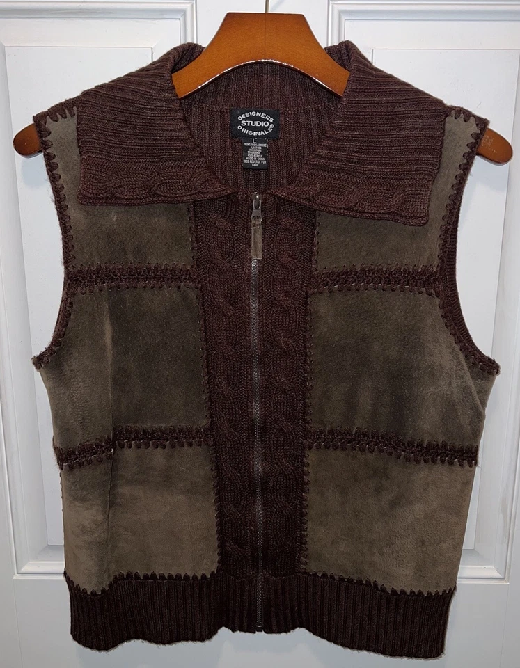 Diseñadores Originales Mujeres Tejido Ramie Cuero Genuino Cremallera Marrón Suéter Chaleco L Foto 1 de 4