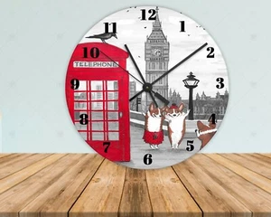 Trip To London 11 3/4 inch Round Wall Clock RYTA ART Corgi Pet Dog England Ben - Picture 1 of 1