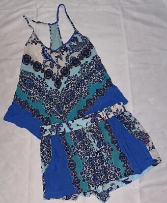 In Bloom Women’s Juniors Pajama Set Tank Top Shorts Size Small Blue Paisley - Image 1 of 3