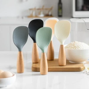 Wooden Handle Stand-Up Silicone Rice Spoon Nonstick Anti Scalding Rice Spatula - Picture 1 of 14