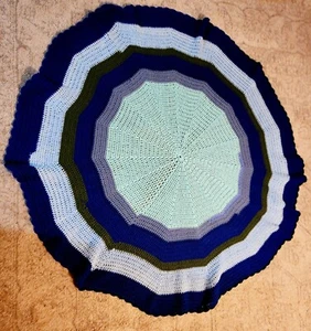 Beautiful Crocheted Blanket Round With Colorful Blue Pattern 58in In Diameter  - Picture 1 of 5
