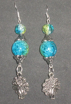 PEACOCK EARRINGS w/ AQUA GLITTER BEADS-HANDCRAFTED - Image 1 of 2