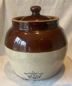 Vintage Robinson Ransbottom Bean Pot Blue Crown # 2 Crock 2 Toned Brown w/ Lid - Picture 1 of 10