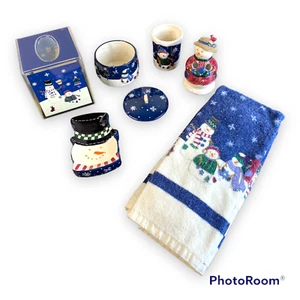 Snowman Bathroom Set Lot St Nicholas Square Snow Friends Blue 7 Piece with lid - Picture 1 of 12
