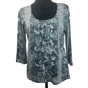 August Silk Knit Top XL Animal Print Sequin 3/4 Sleeve Lightweight Pullover - Picture 1 of 9