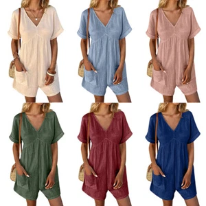 Women Summer Jumpsuit Romper Shorts Ladies Short Sleeves Casual Mini Playsuit US - Picture 1 of 22
