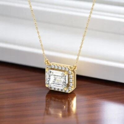 14k Gelbgold Halskette Smaragd 2,2 Karat IGI Lab Grown Diamant 18 Zoll Anhänger - Bild 1 von 4