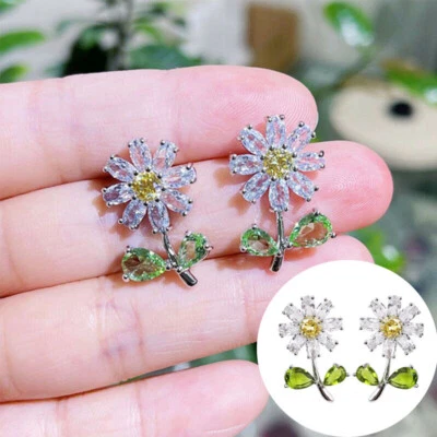 925 Silver Stud Earrings Cubic Zirconia Pretty Flower Wedding Jewelry for Women - Image 1 of 4