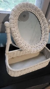 VINTAGE WHITE WICKER VANITY MIRROR WITH TRAY - Picture 1 of 1