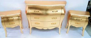 TRIS DI COMÒ CON COMODINI IN LEGNO FOGLIA ORO ARREDO CASA CAMERA DA LETTO - Picture 1 of 1