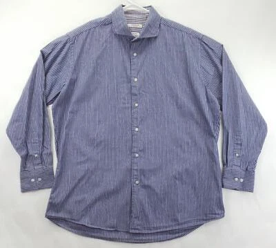 Camisa Isaac Mizrahi Para Hombres 17-34/35 Azul Blanco Rayas Algodón Puños Abatibles Calce Ajustado Foto 1 de 4